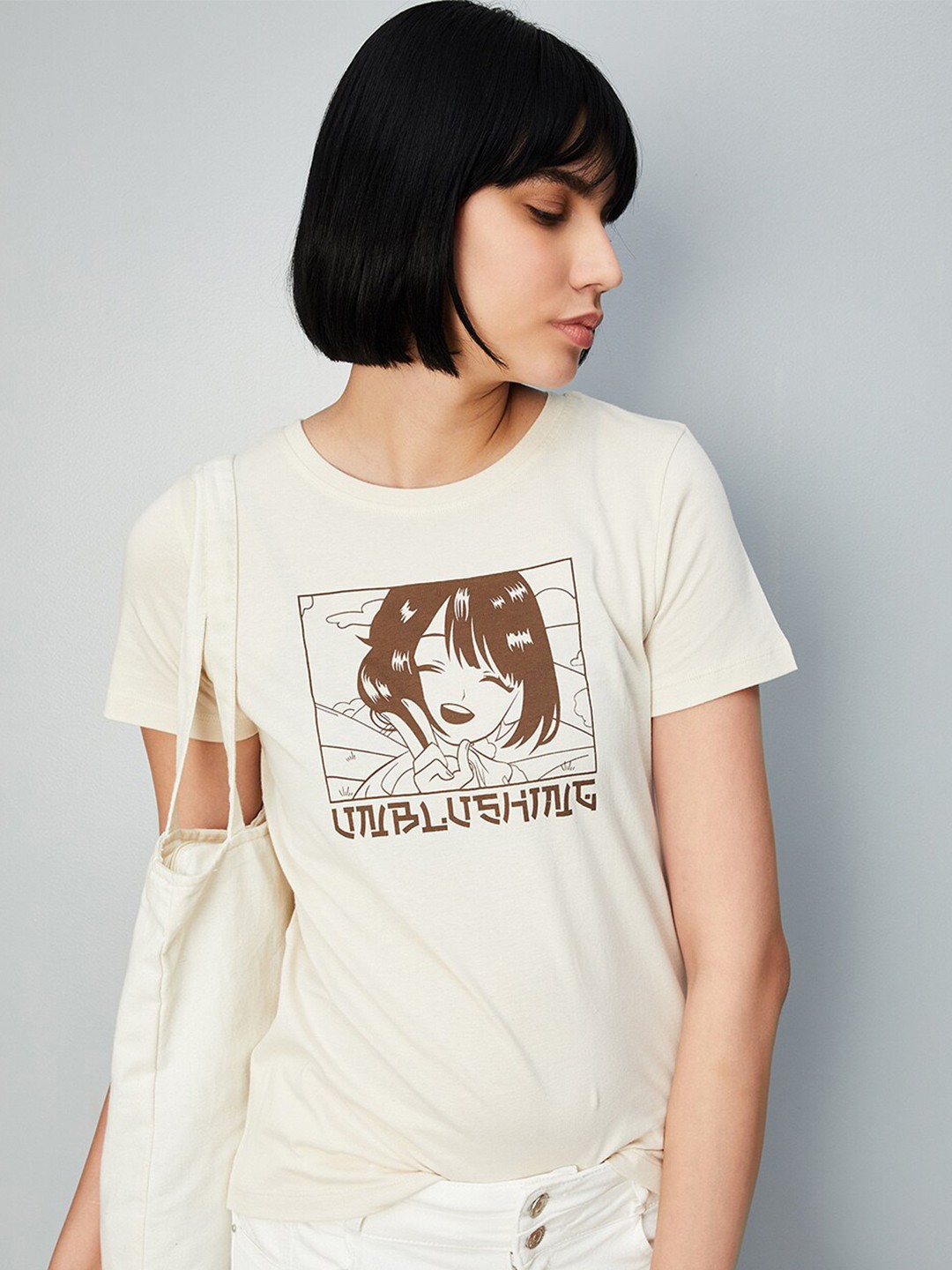 

max Graphic Printed Round Neck Pure Cotton T-shirt, Cream