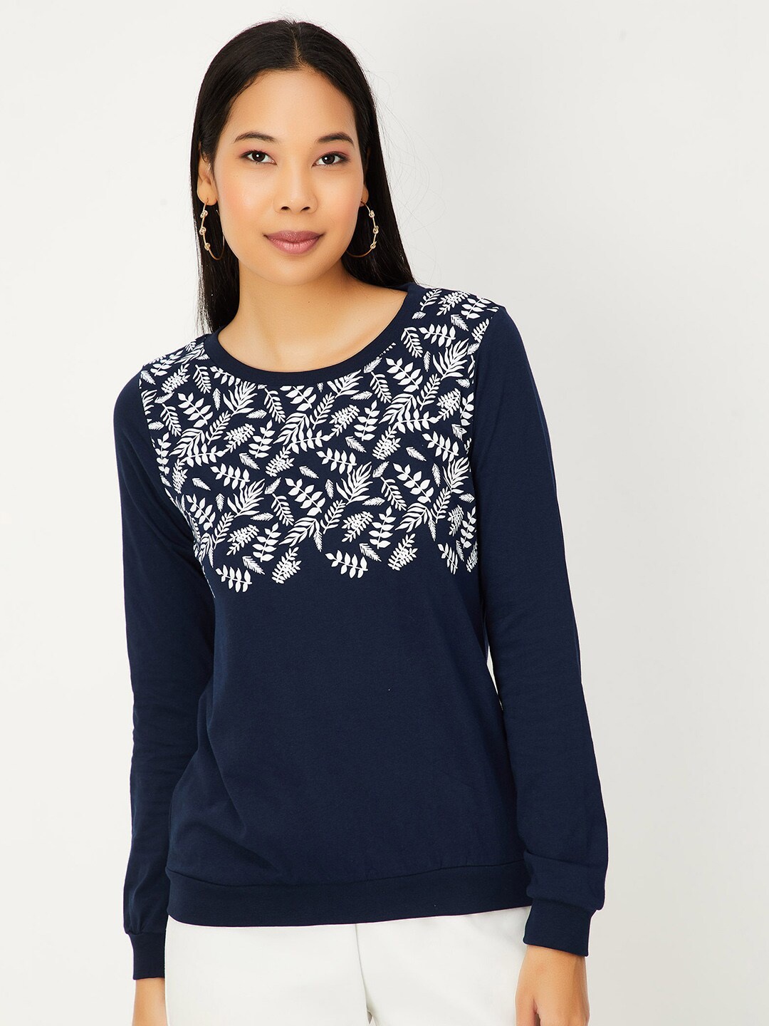 

max Floral Printed Cuffed Sleeves Cotton Regular T-shirt, Navy blue