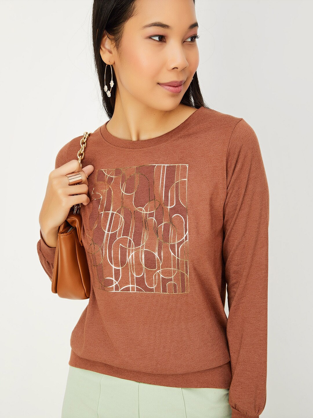 max Abstract Printed Cuffed Sleeves Cotton Regular T-shirt, Brown