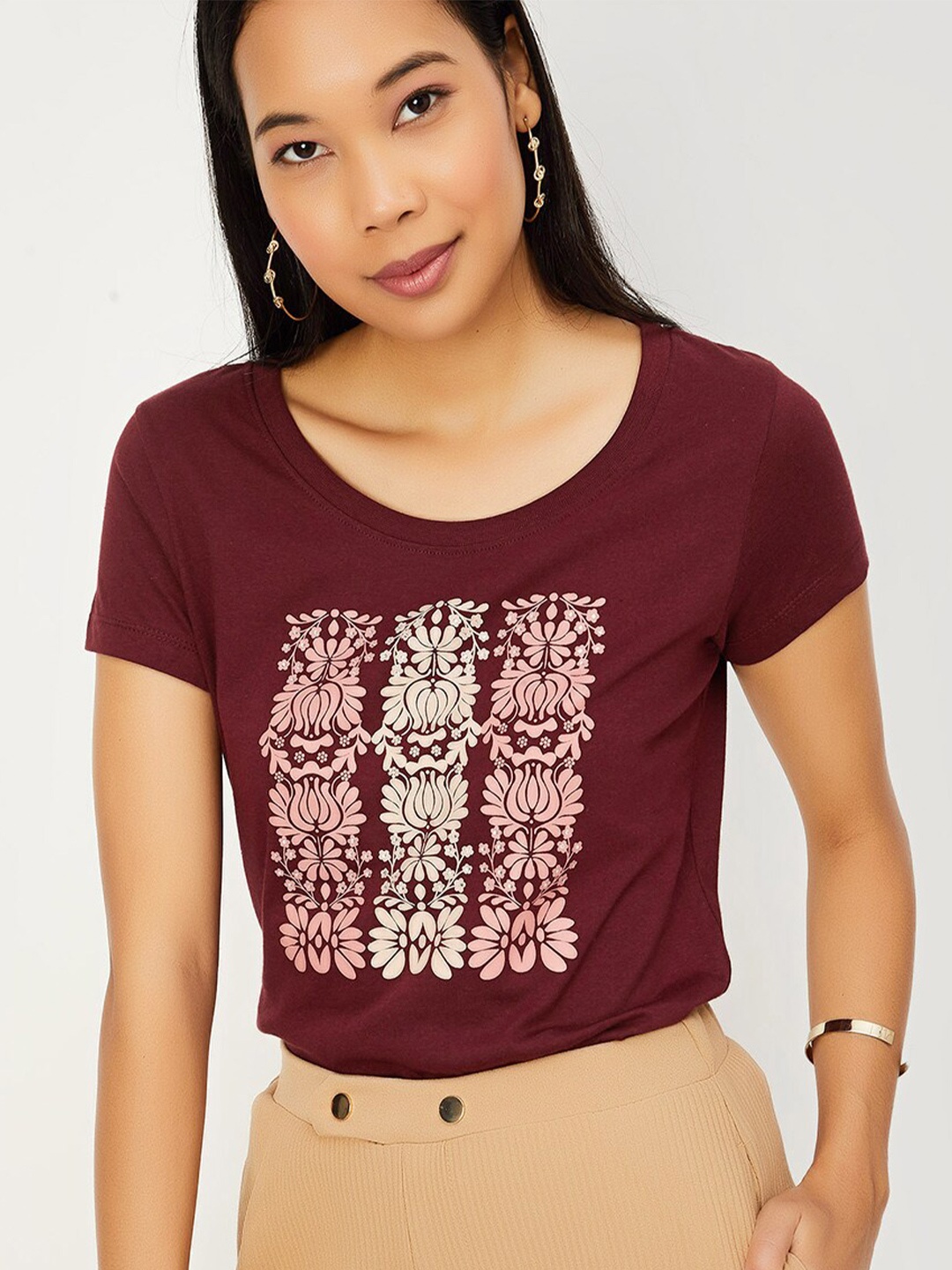 

max Floral Printed Round Neck Pure Cotton T-shirt, Maroon