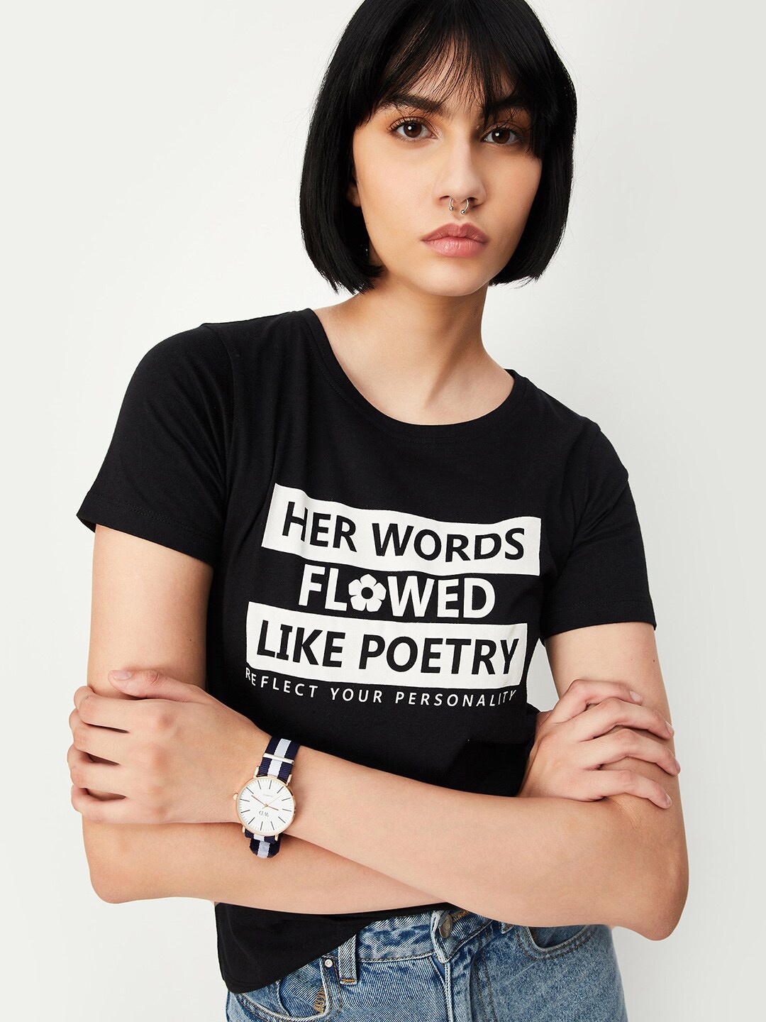 

max Typography Printed Pure Cotton T-shirt, Black