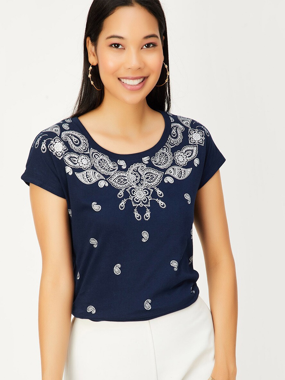 

max Paisley Printed Extended Sleeves Cotton T-shirt, Navy blue