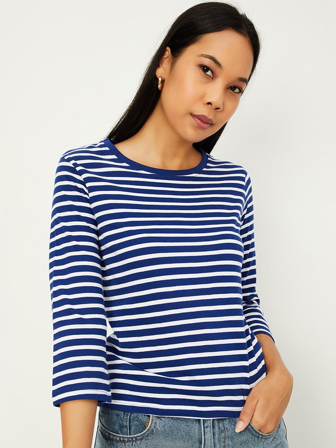 

max Striped Round Neck Pure Cotton T-shirt, Blue