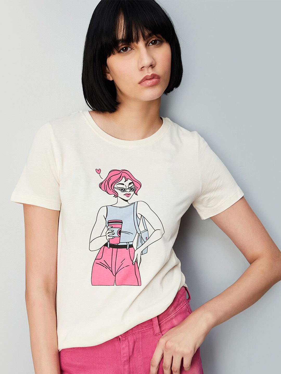

max Graphic Printed Round Neck Pure Cotton T-shirt, Cream