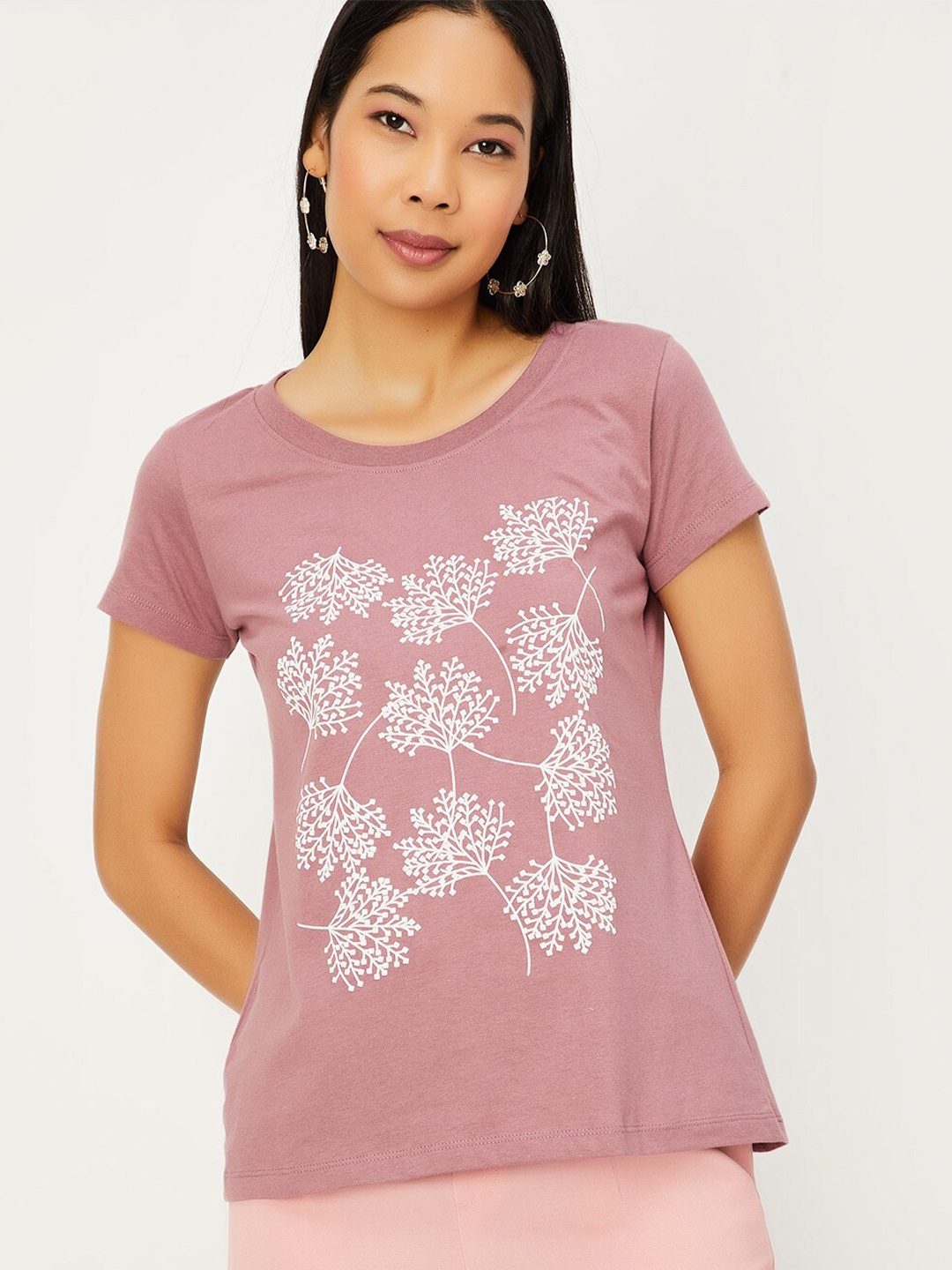 

max Floral Printed Round Neck Pure Cotton T-shirt, Mauve