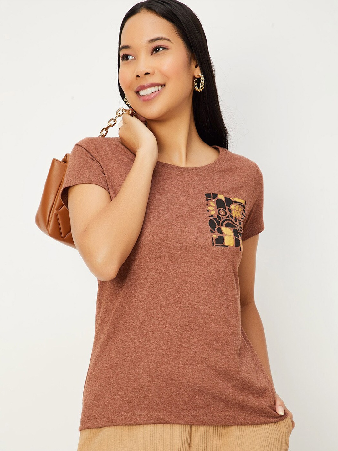 

max Round Neck Cotton T-shirt, Brown