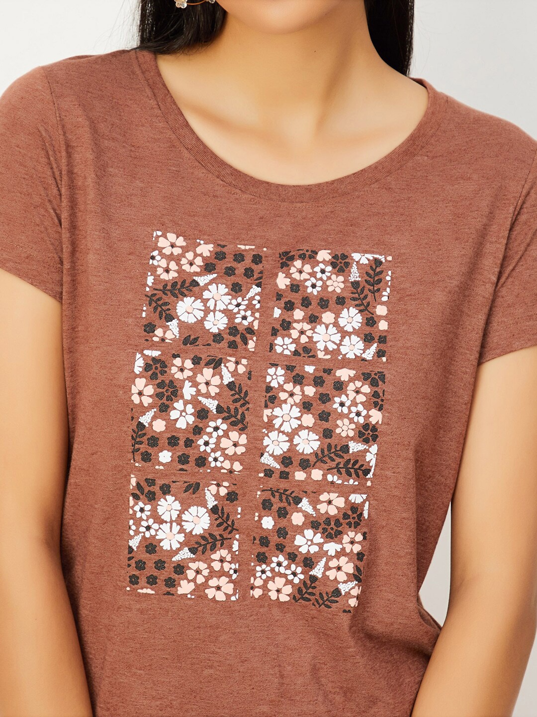 

max Floral Printed Round Neck Cotton Regular T-shirt, Brown