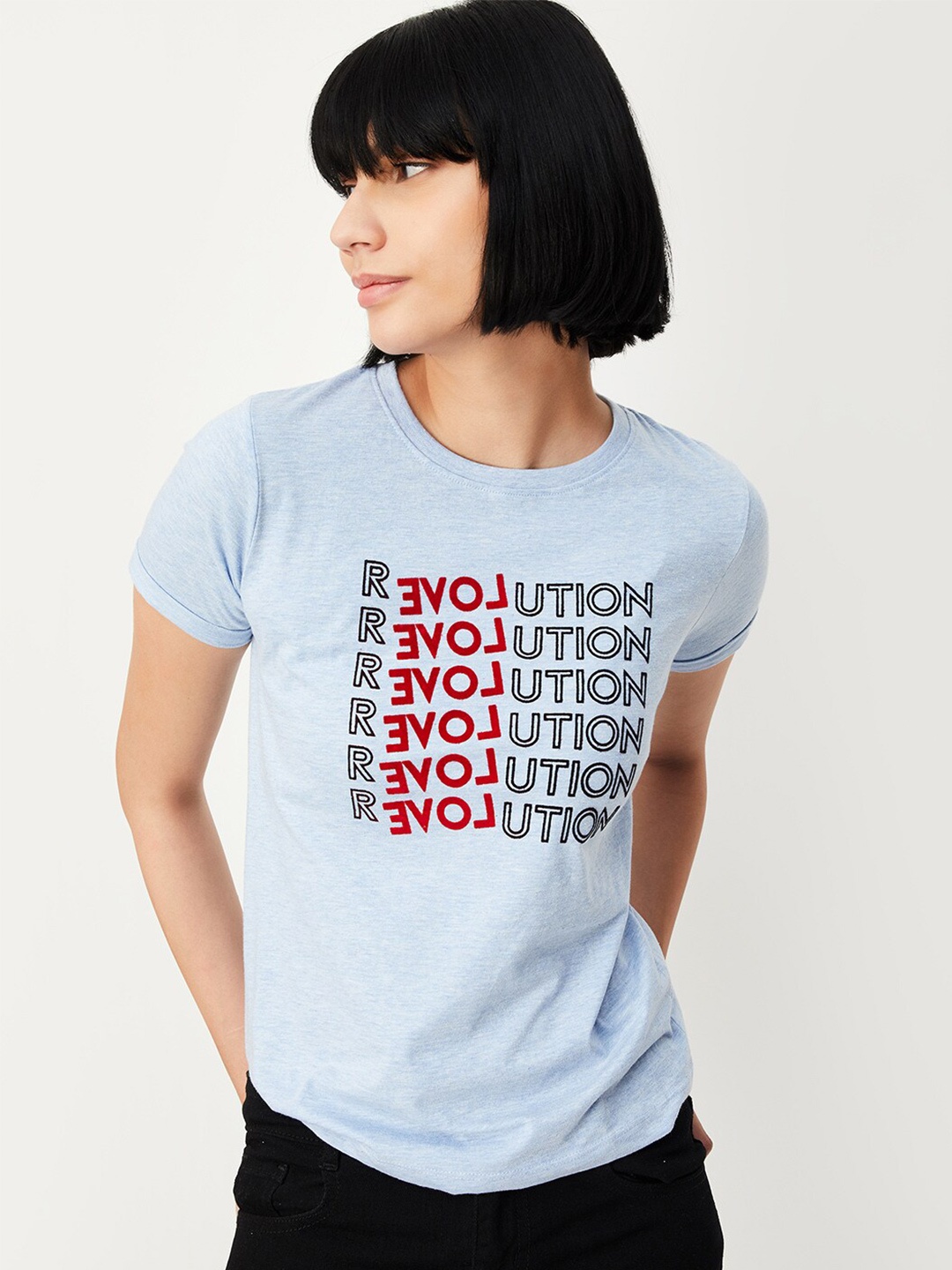 

max Typography Printed Cotton T-shirt, Blue