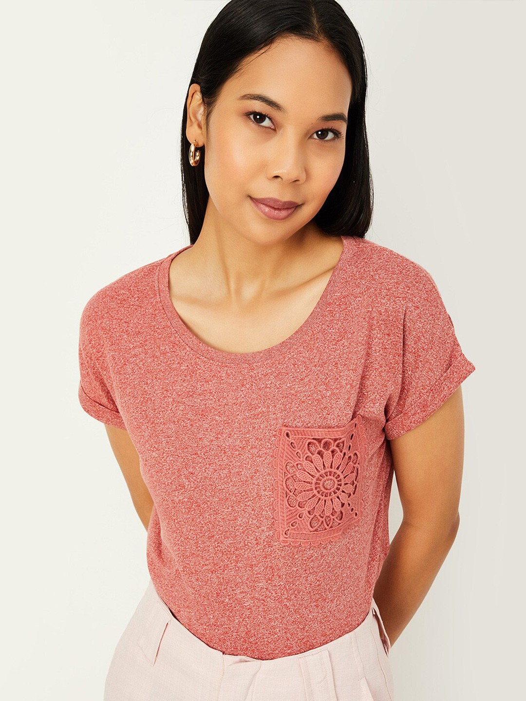 

max Self Design Roll-Up Sleeves Pockets Cotton Regular T-shirt, Orange