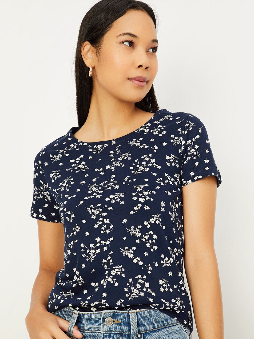 

max Floral Printed Round Neck Cotton Regular T-shirt, Navy blue