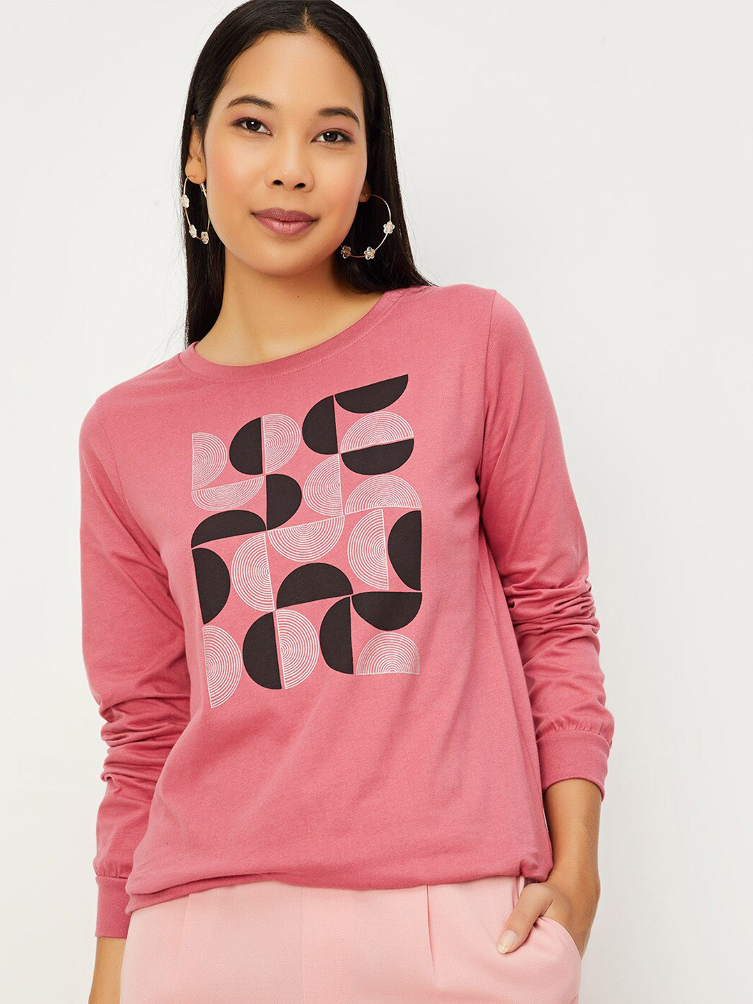 

max Graphic Printed Round Neck Pure Cotton T-shirt, Pink