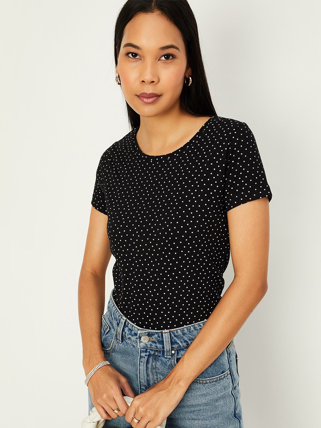 

max Polka Dot Printed Round Neck Cotton Regular T-shirt, Black