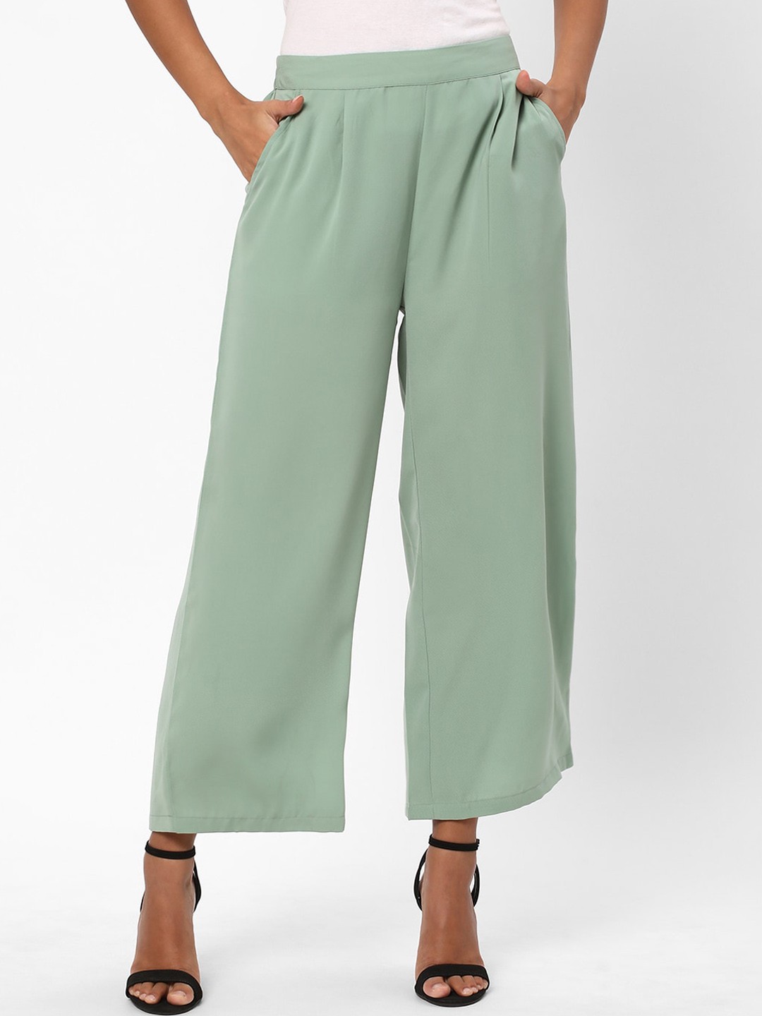 

R&B Women Pleated Mid-Rise Parallel Trousers, Green