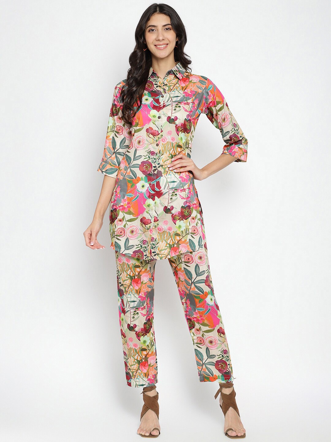 

COLORWINGS Floral Printed Shirt Collar Tunic With Trousers Co-Ords, Beige