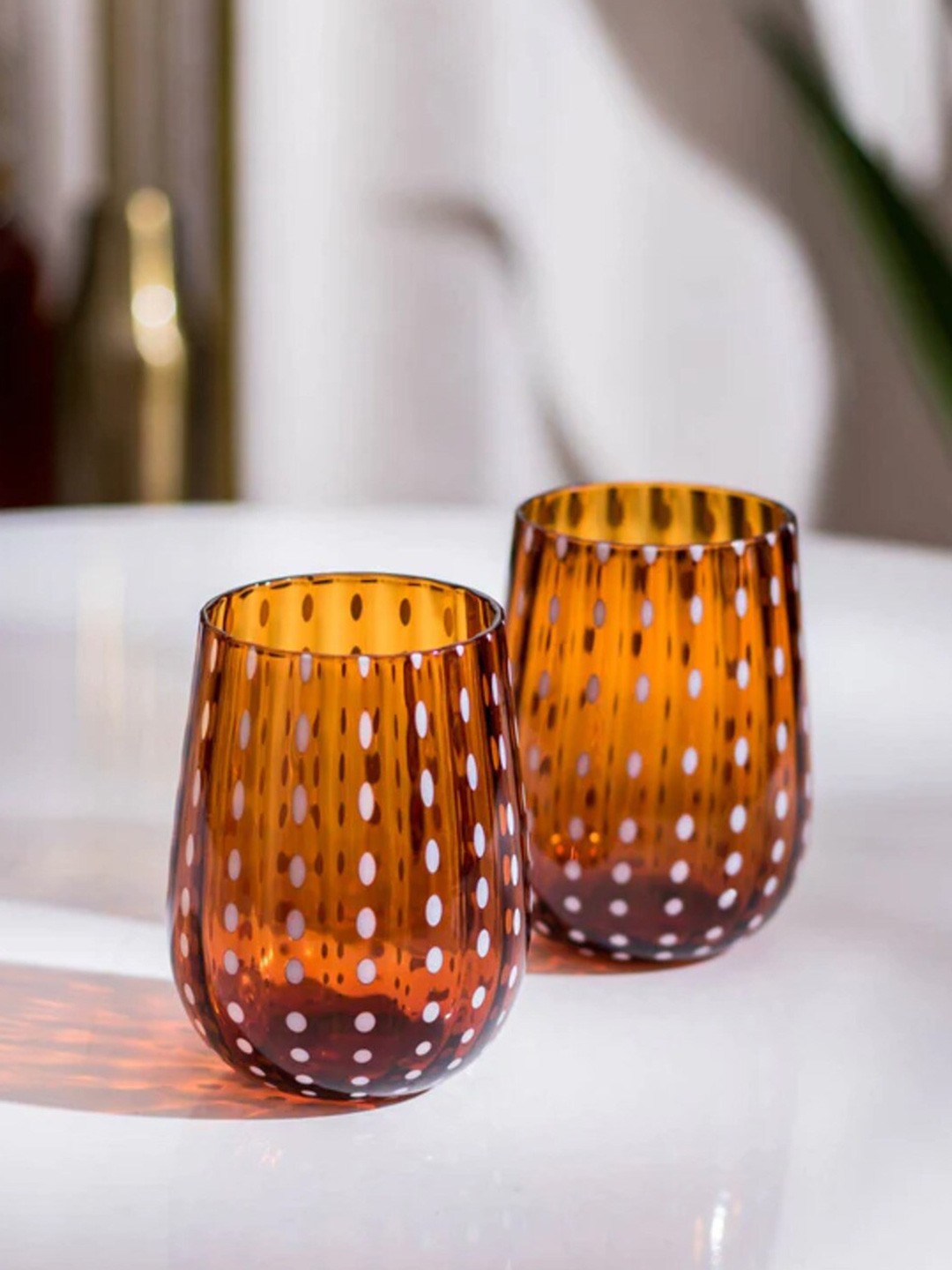 

THEDECORKART Yellow 2 Pieces Floral Printed Glass Glossy Cups