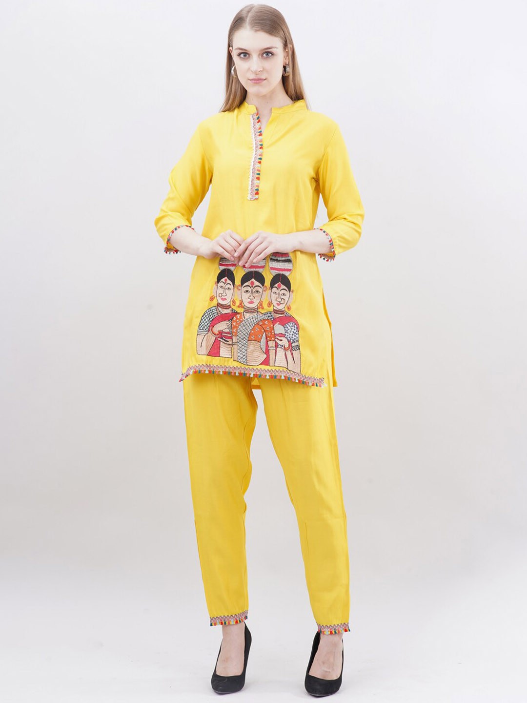

Ashnaina Embroidered Mandarian Collar Top With Trousers, Yellow