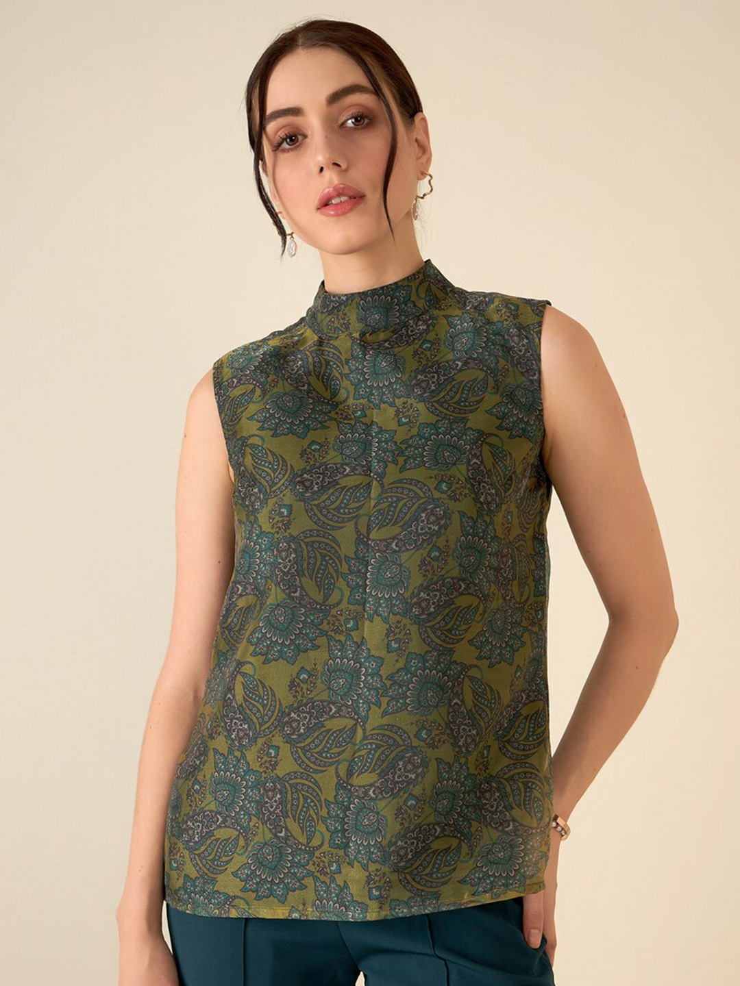 

SALT ATTIRE Floral Printed High Neck Sleeveless Top, Mustard