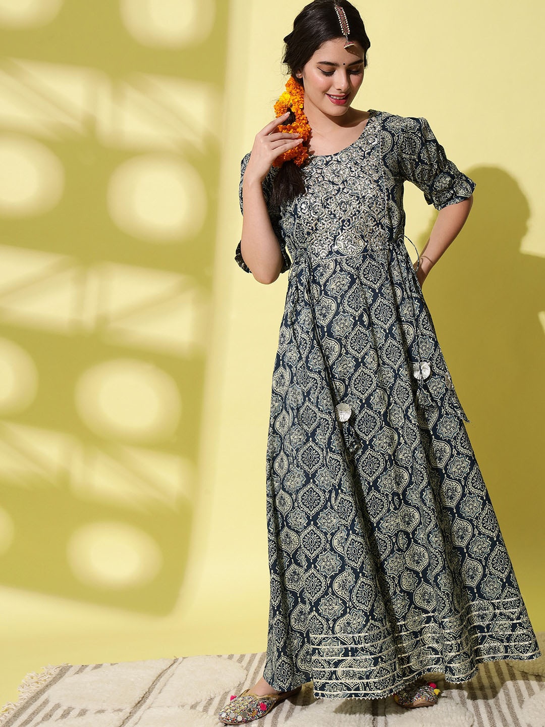 

KALINI Ethnic Motifs Printed Thread Work Pure Cotton A-Line Kurta, Navy blue
