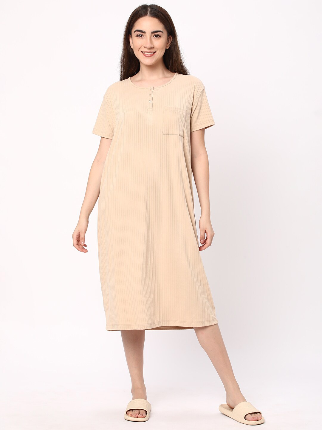 

R&B Ribbed Round Neck Midi Nightdress, Beige