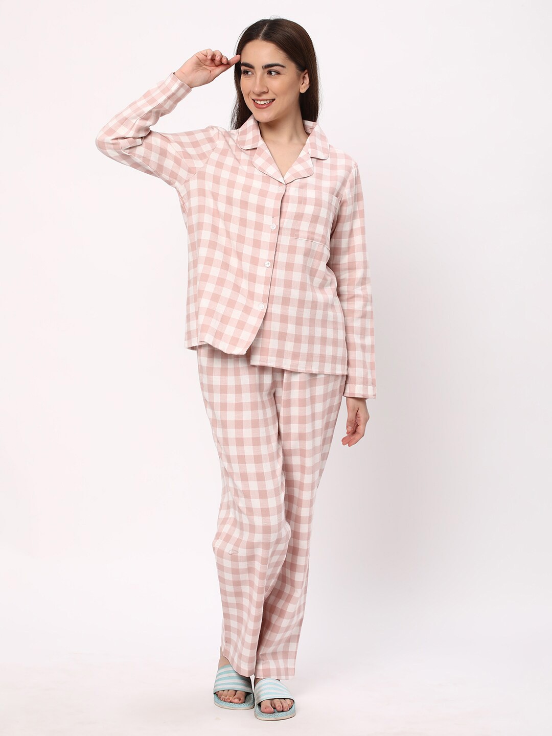

R&B Checked Cotton Night Suit, Pink