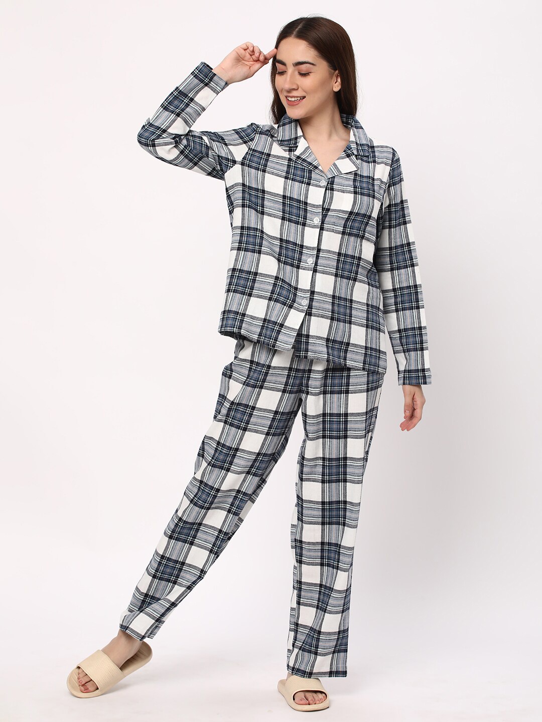 

R&B Checked Pure Cotton Night suit, Blue