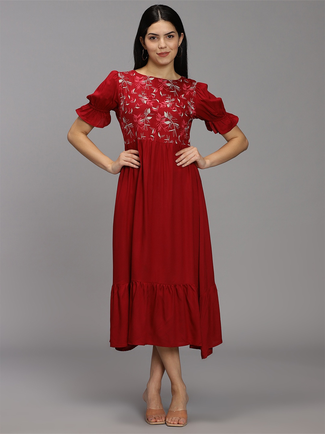 

HAY Thread Work Puff Sleeve Fit & Flare Midi Dress, Red