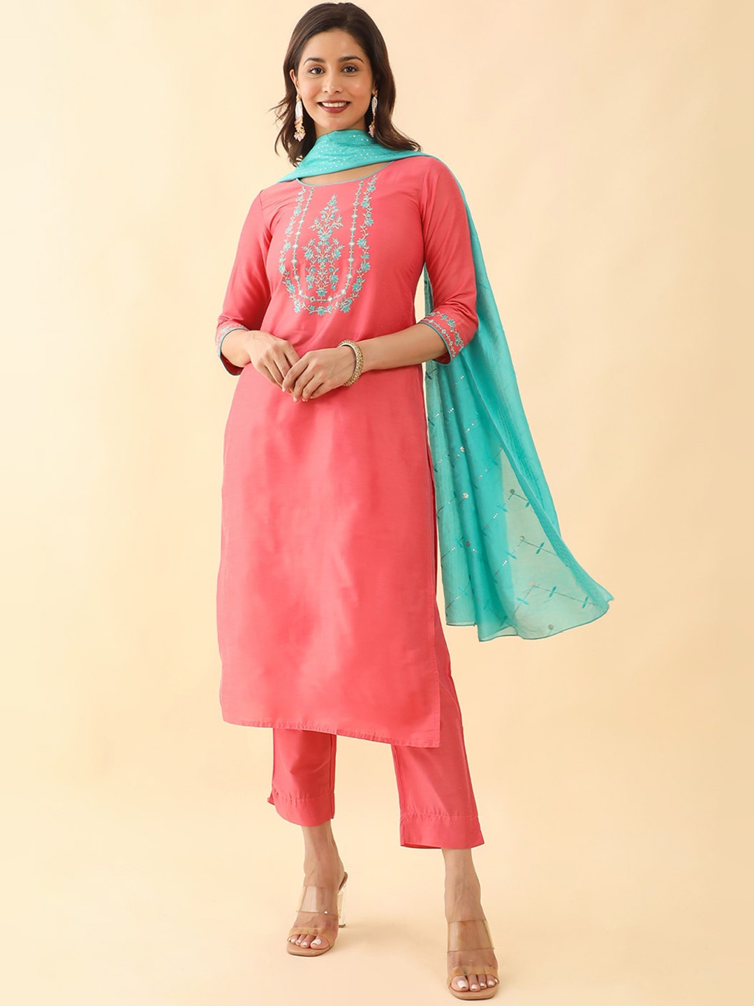 Maybell Thread Work Kurta with Trousers & Dupatta, Pink