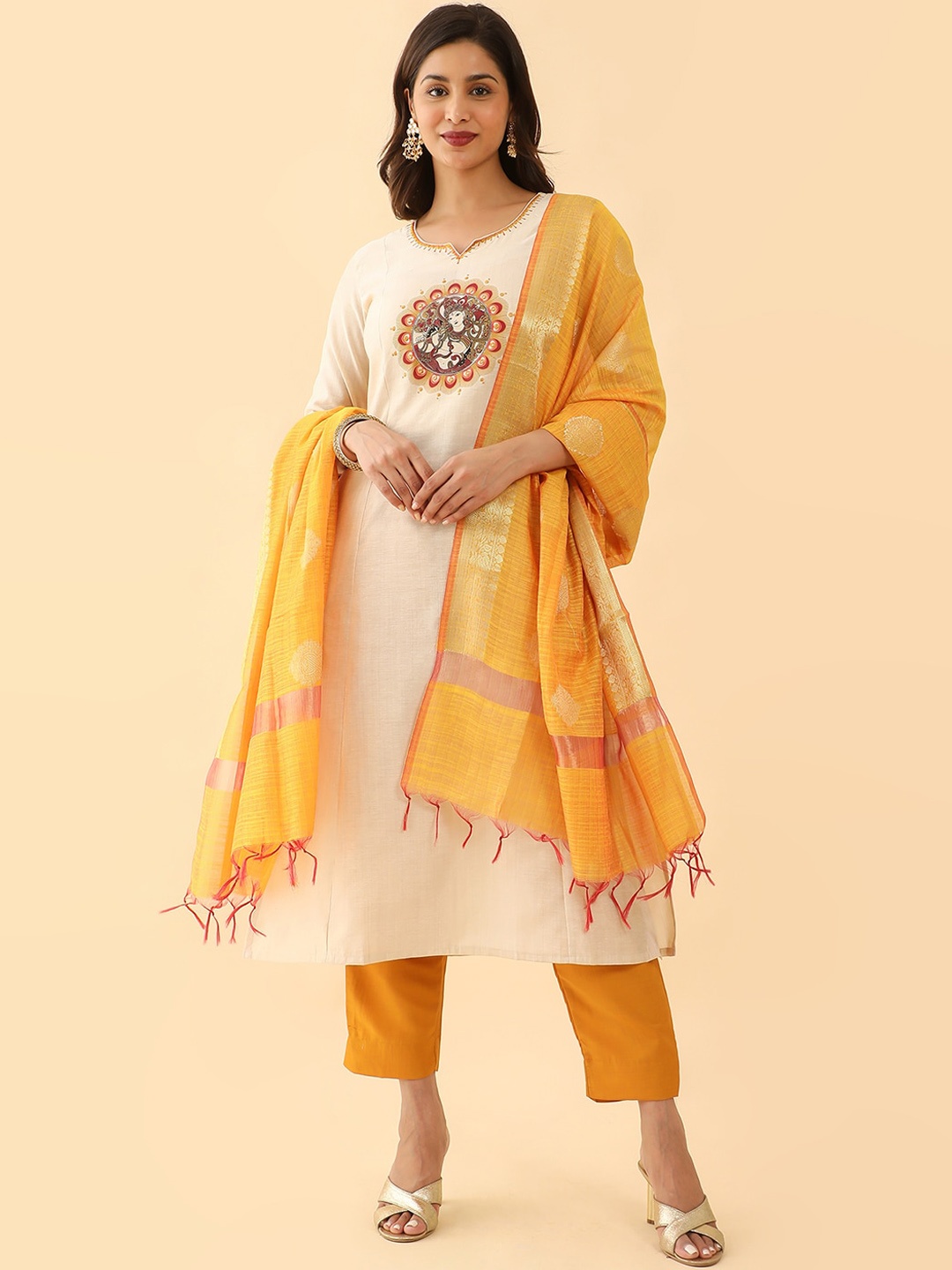 

Maybell Ethnic Motifs Printed Thread Work Straight Kurta With Trousers & Dupatta, Off white