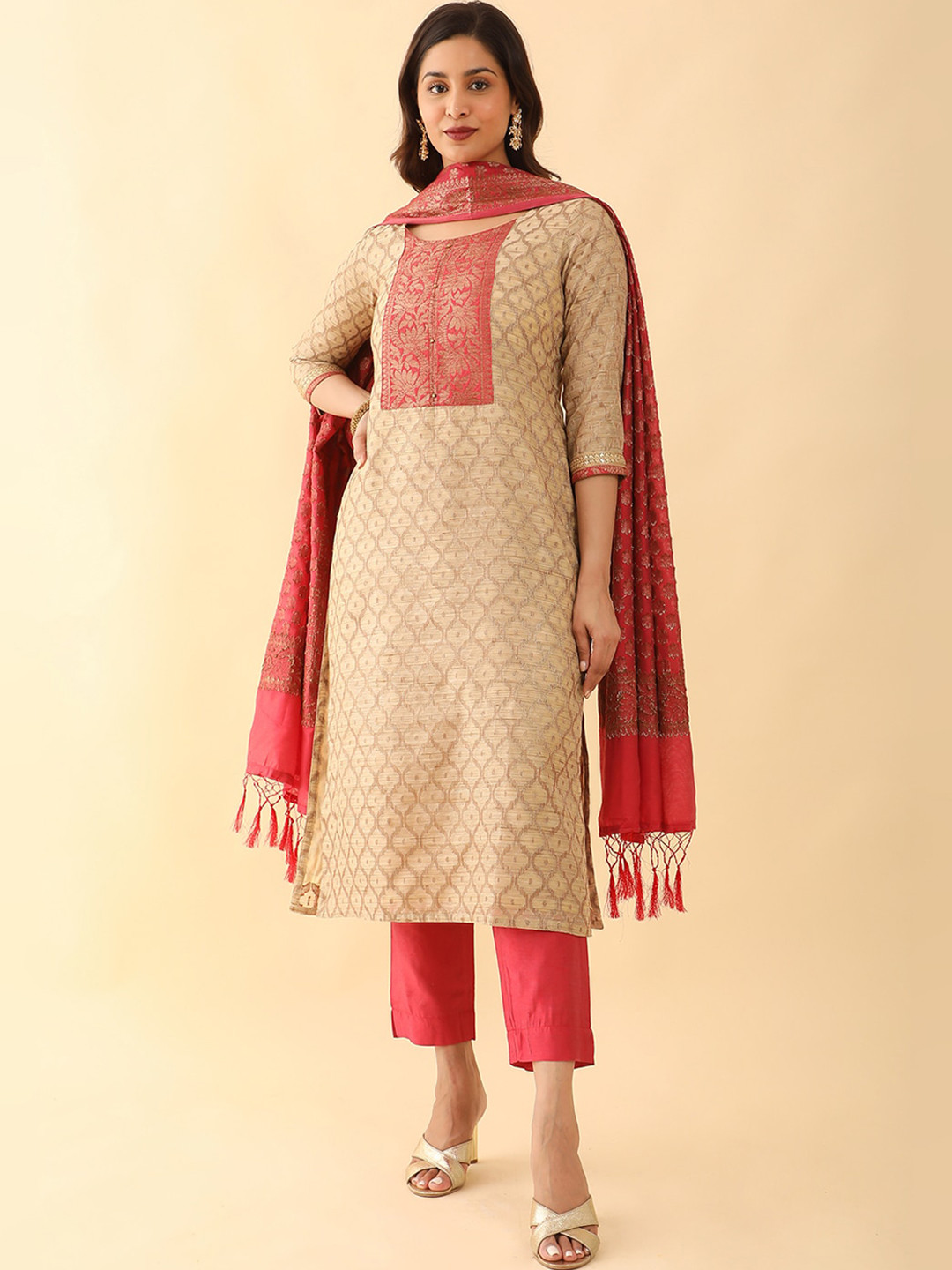 

Maybell Ethnic Motifs Round Neck Woven Design Kurta With Trousers & Dupatta, Red