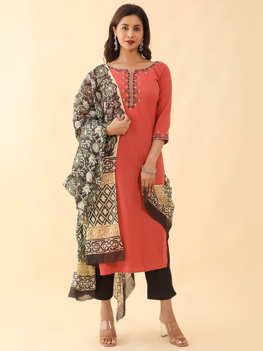 

Maybell Floral Yoke Design Thread Work Pure Cotton Kurta With Trousers & Dupatta, Peach