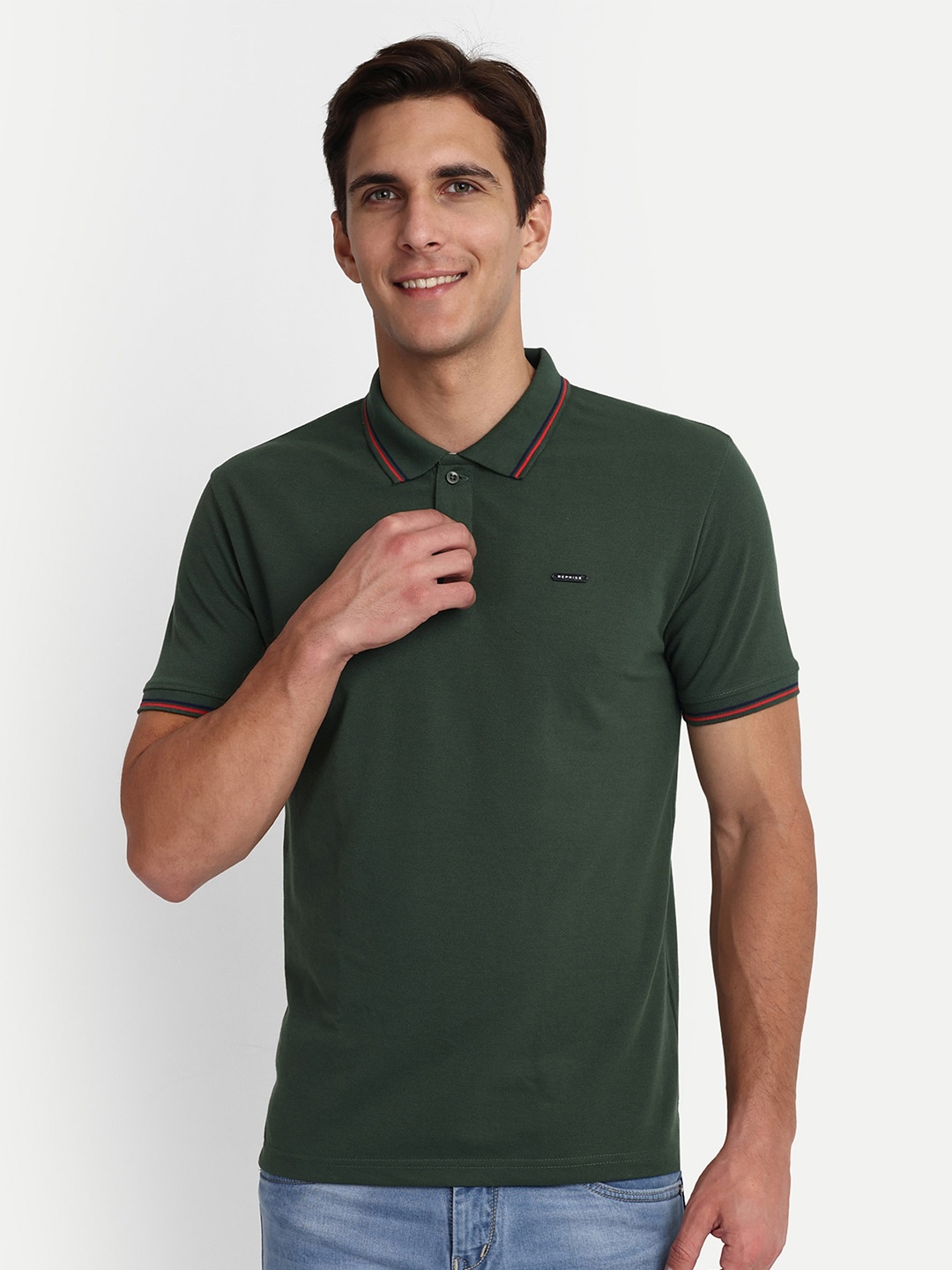 

REPRISE Polo Collar Pure Cotton Slim Fit T-shirt, Olive