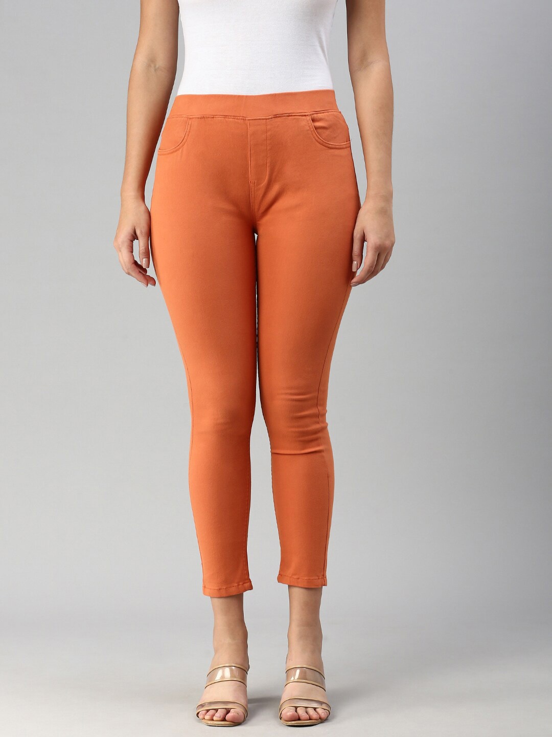 

De Moza Women Mid-Rise Skinny Fit Cotton Jeggings, Orange