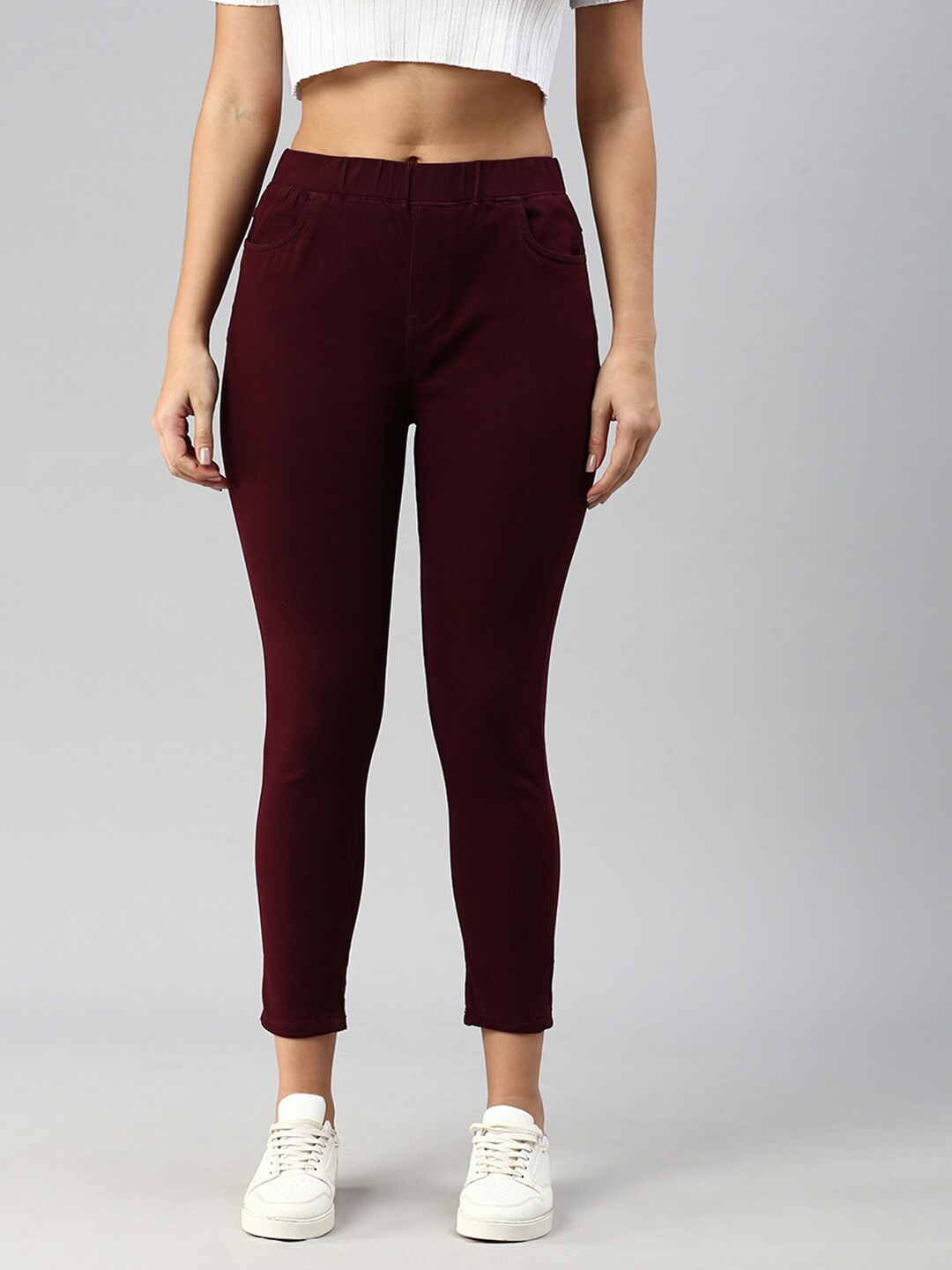 

De Moza Women Skinny Fit Cotton Jeggings, Maroon