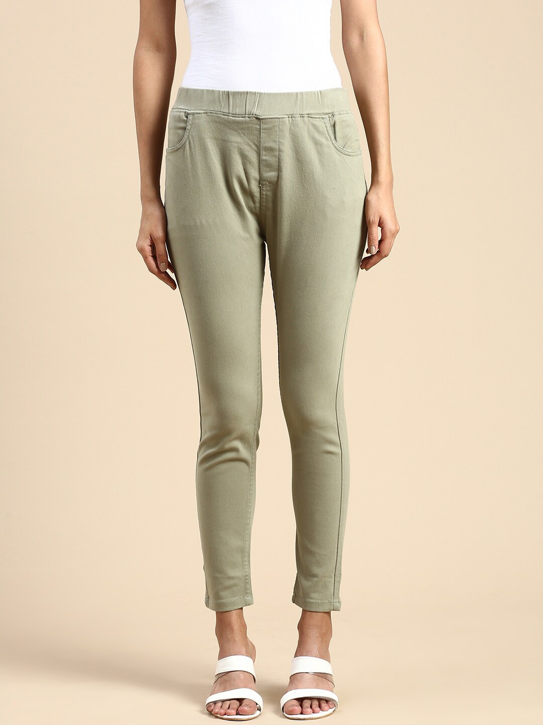 

De Moza Women Skinny Fit Cotton Jeggings, Green