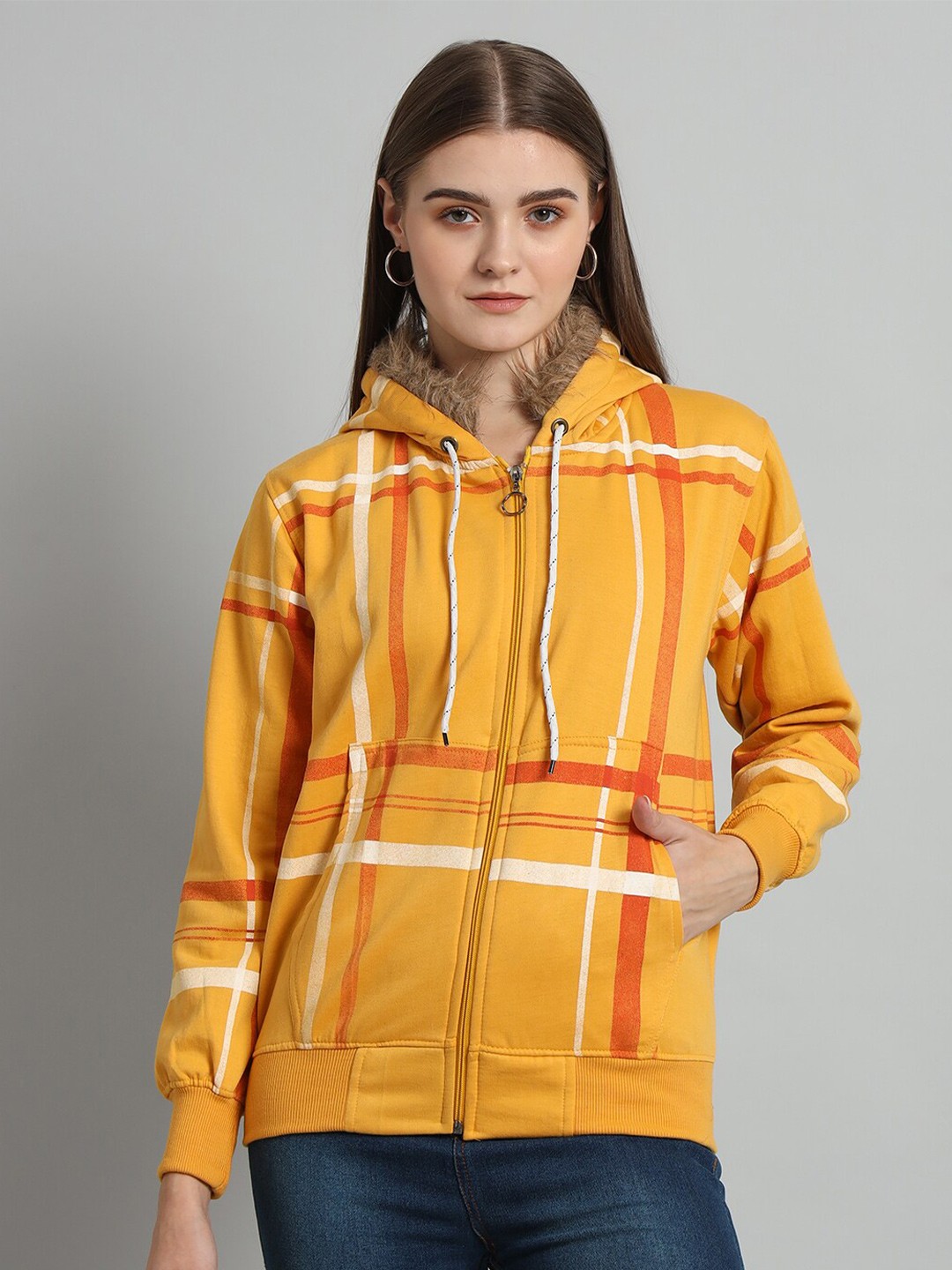 

eWools Checked Hooded Front-Open Sweatshirt, Yellow