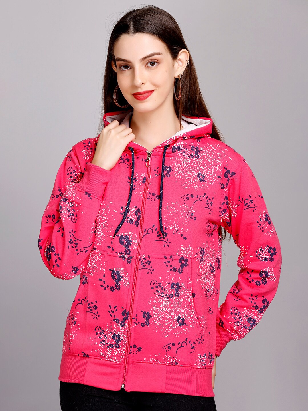 

eWools Floral Printed Hooded Front-Open Sweatshirt, Pink