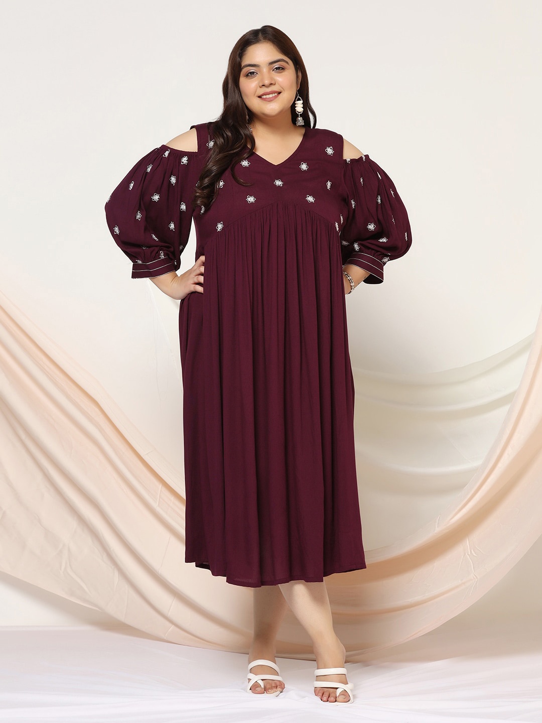 

FASHION DREAM Plus Size Cold-Shoulder Empire Gathered A-Line Maxi Dress, Burgundy