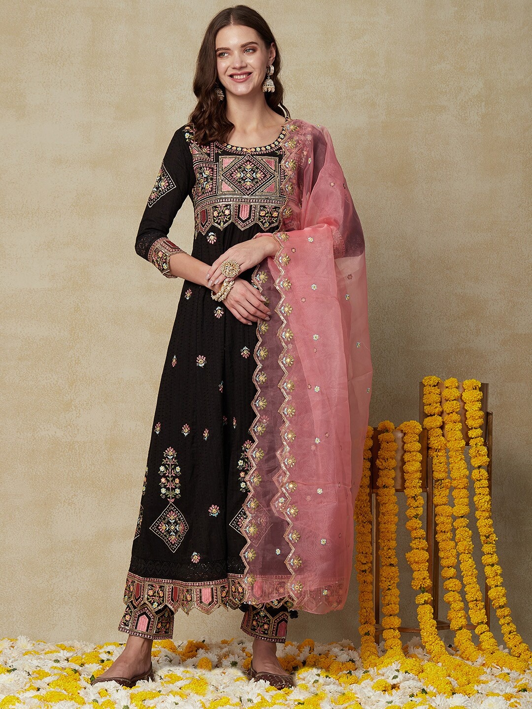 

FASHOR Ethnic Motifs Embroidered Thread Work Cotton Anarkali Kurta & Trousers With Dupatta, Black