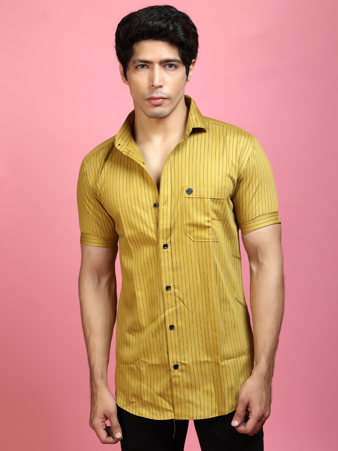 

INDIAN THREADS India Slim Fit Striped Spread Collar Cotton Casual Shirt, Mustard