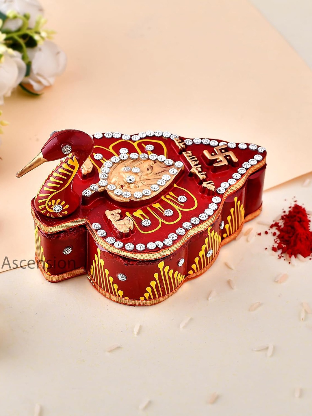 

Ascension Red & Gold Toned Wooden Peacock Shape Haldi Kumkum Box