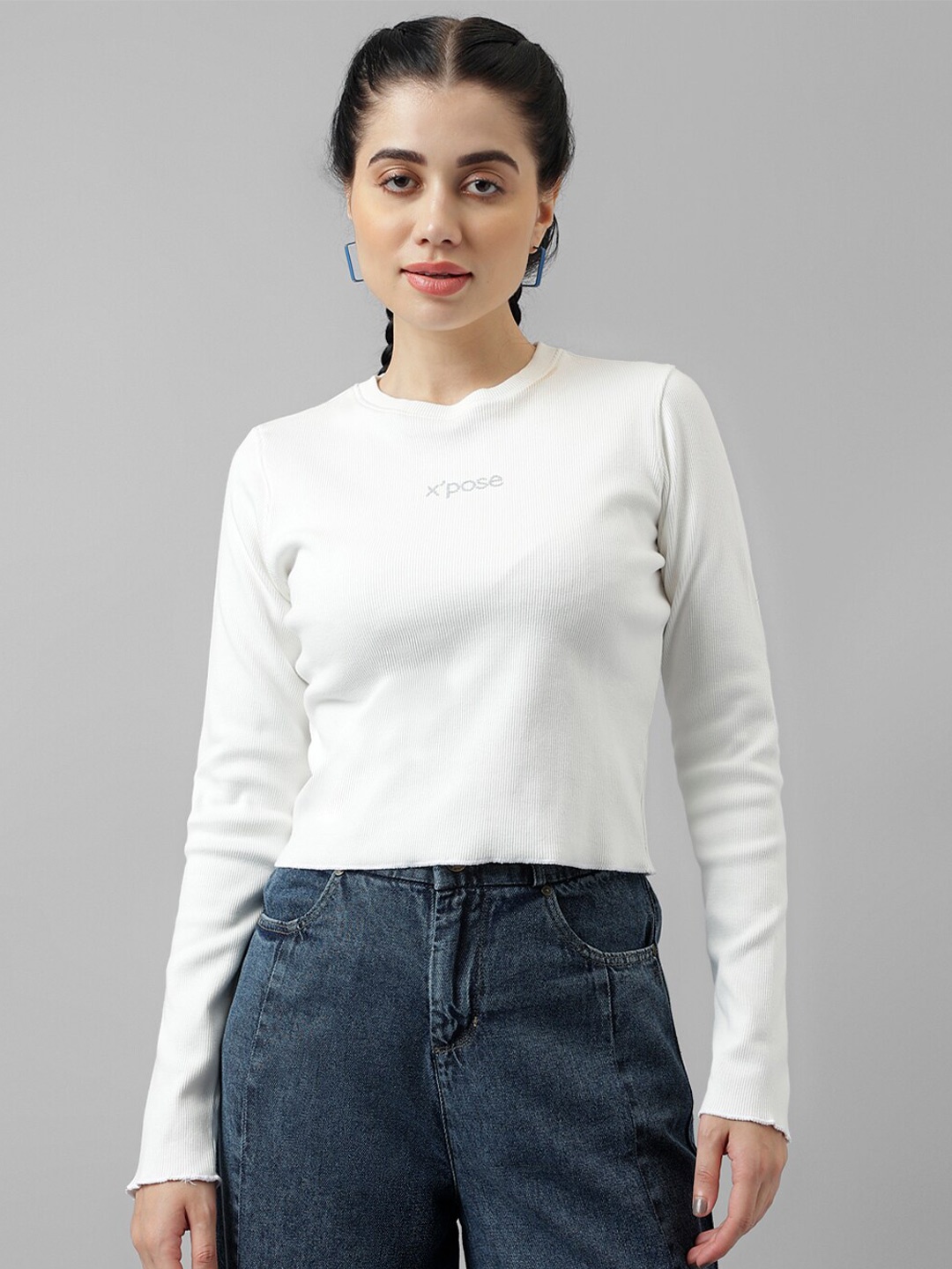 

Xpose Long Sleeves Ribbed Cotton Crop Fitted Top, White