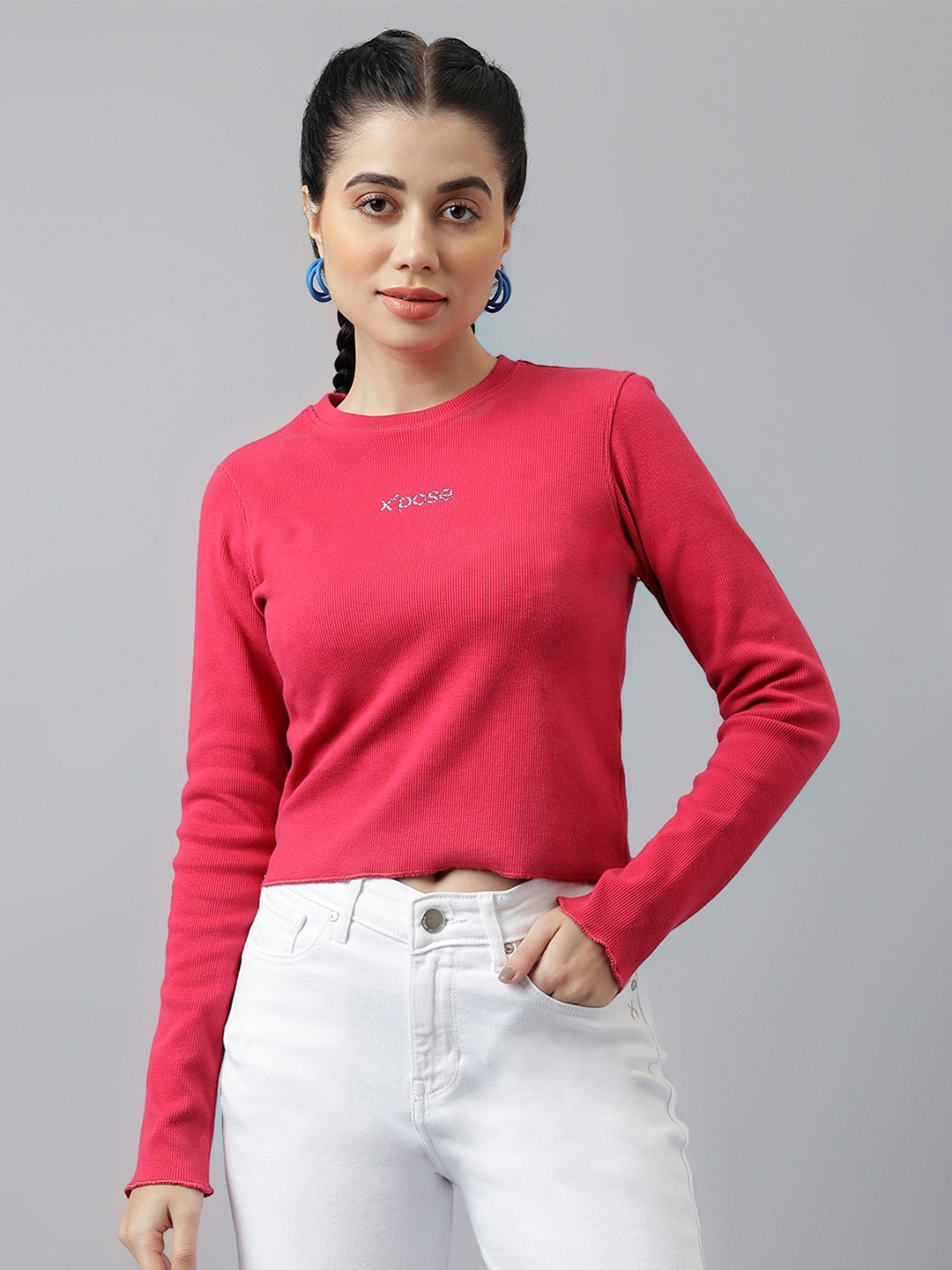 

Xpose Round Neck Long Sleeves Ribbed Cotton Crop Fitted Top, Pink