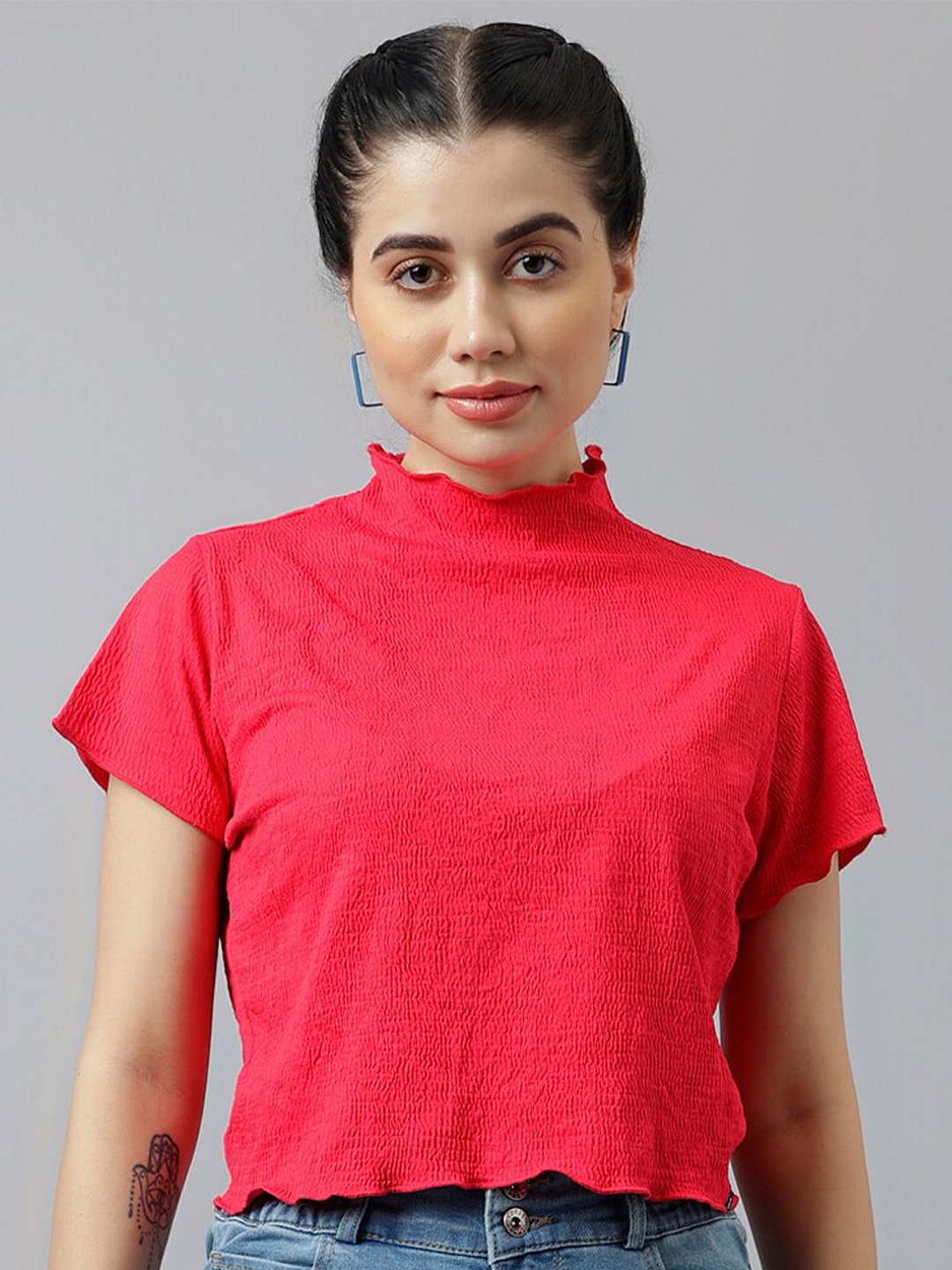 

Xpose High Neck Short Sleeves Crop Top, Pink