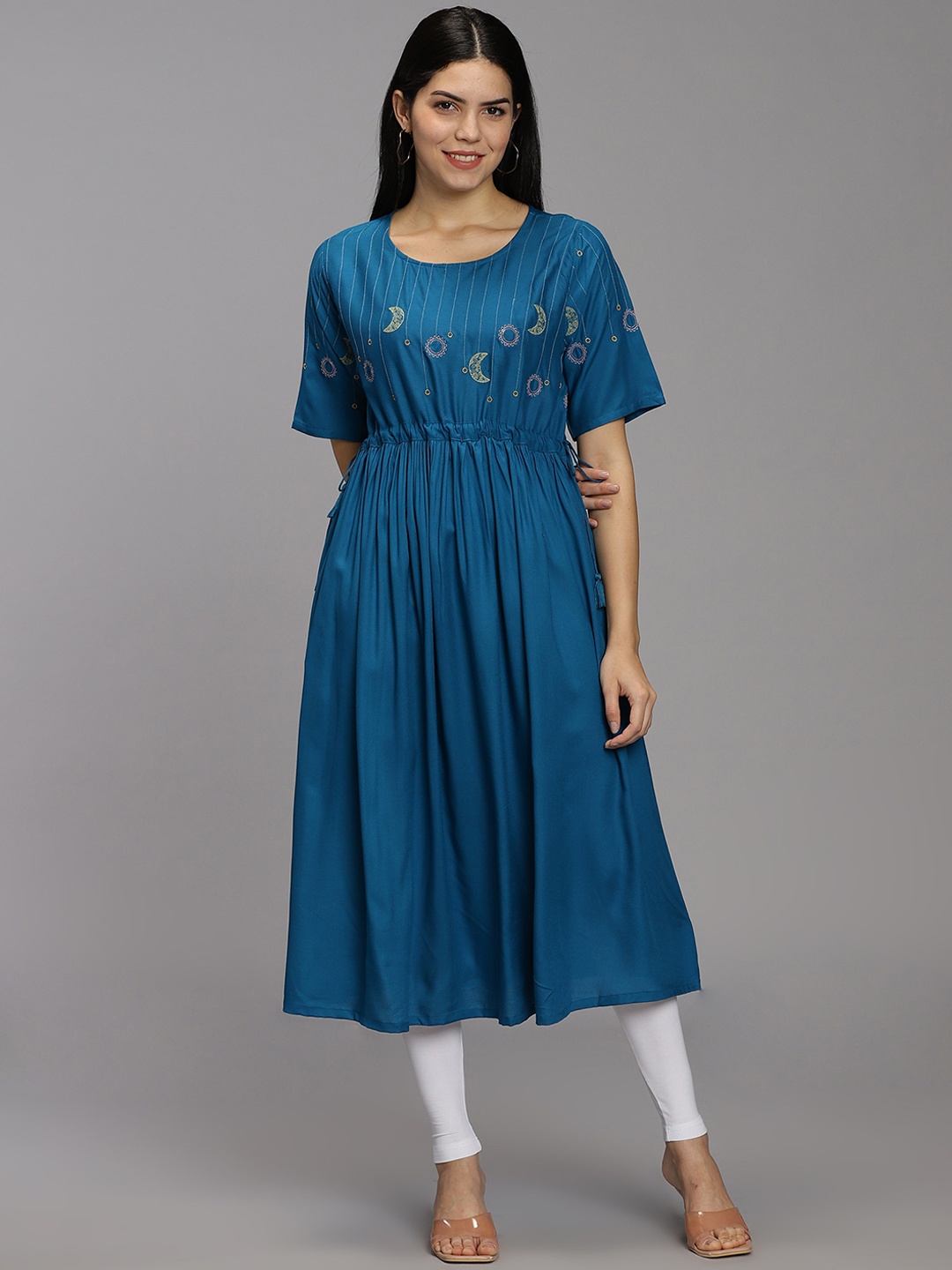 

HAY Embroidered Liva Pleated A-Line Kurta, Blue