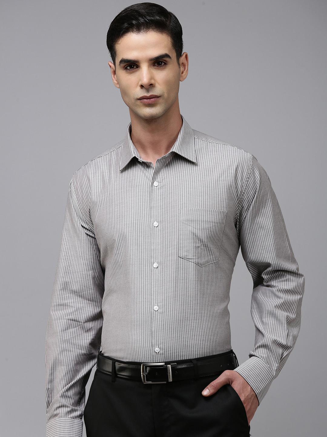 

Van Heusen Men Pure Cotton Custom Striped Formal Shirt, Grey