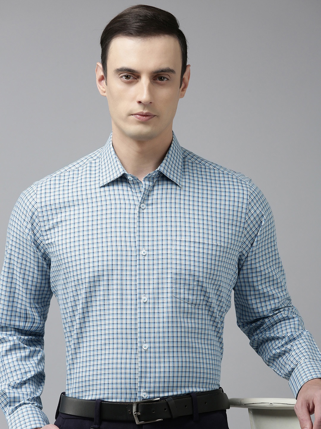 

Van Heusen Custom Opaque Checked Pure Cotton Formal Shirt, Blue