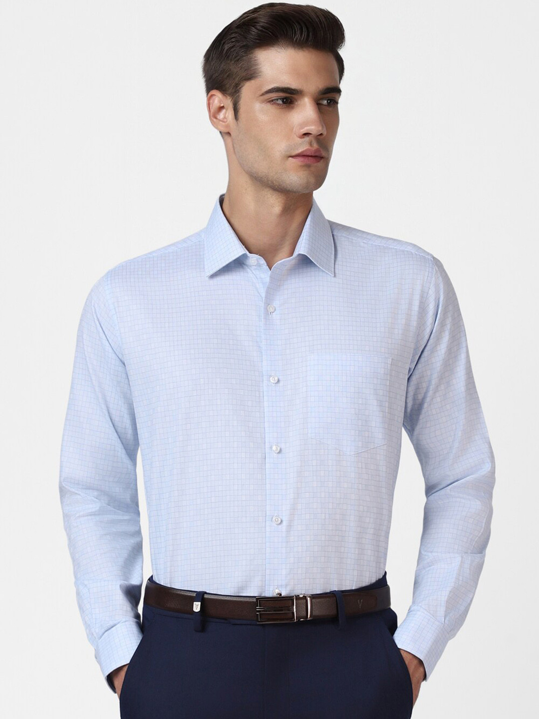 

Van Heusen Men Pure Cotton Custom Fit Grid Tattersall Checks Formal Shirt, Blue