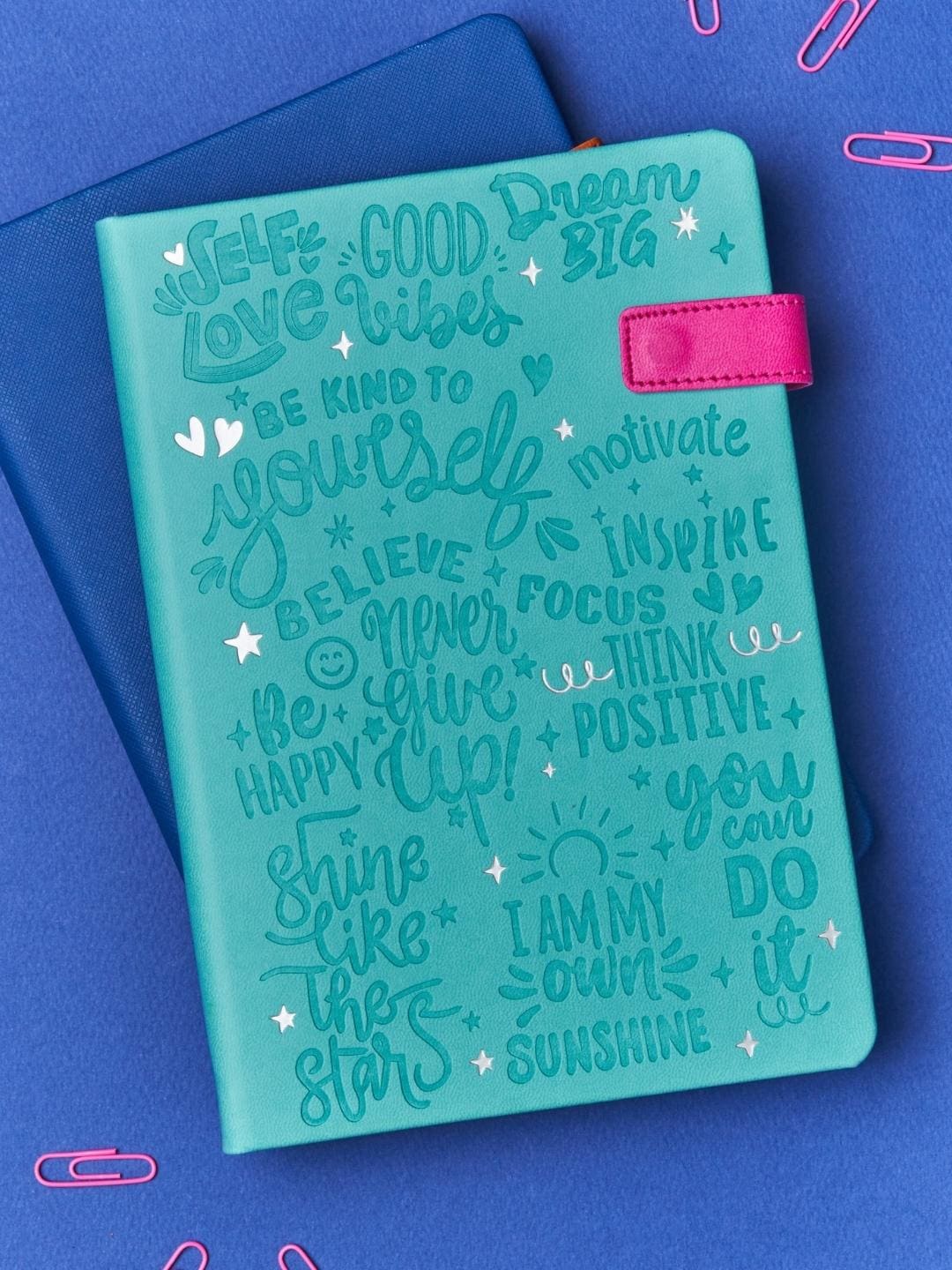 

Doodle Wonder Words Printed Flip Bound A5 Notebook With Magnetic Flip Closure, Turquoise blue