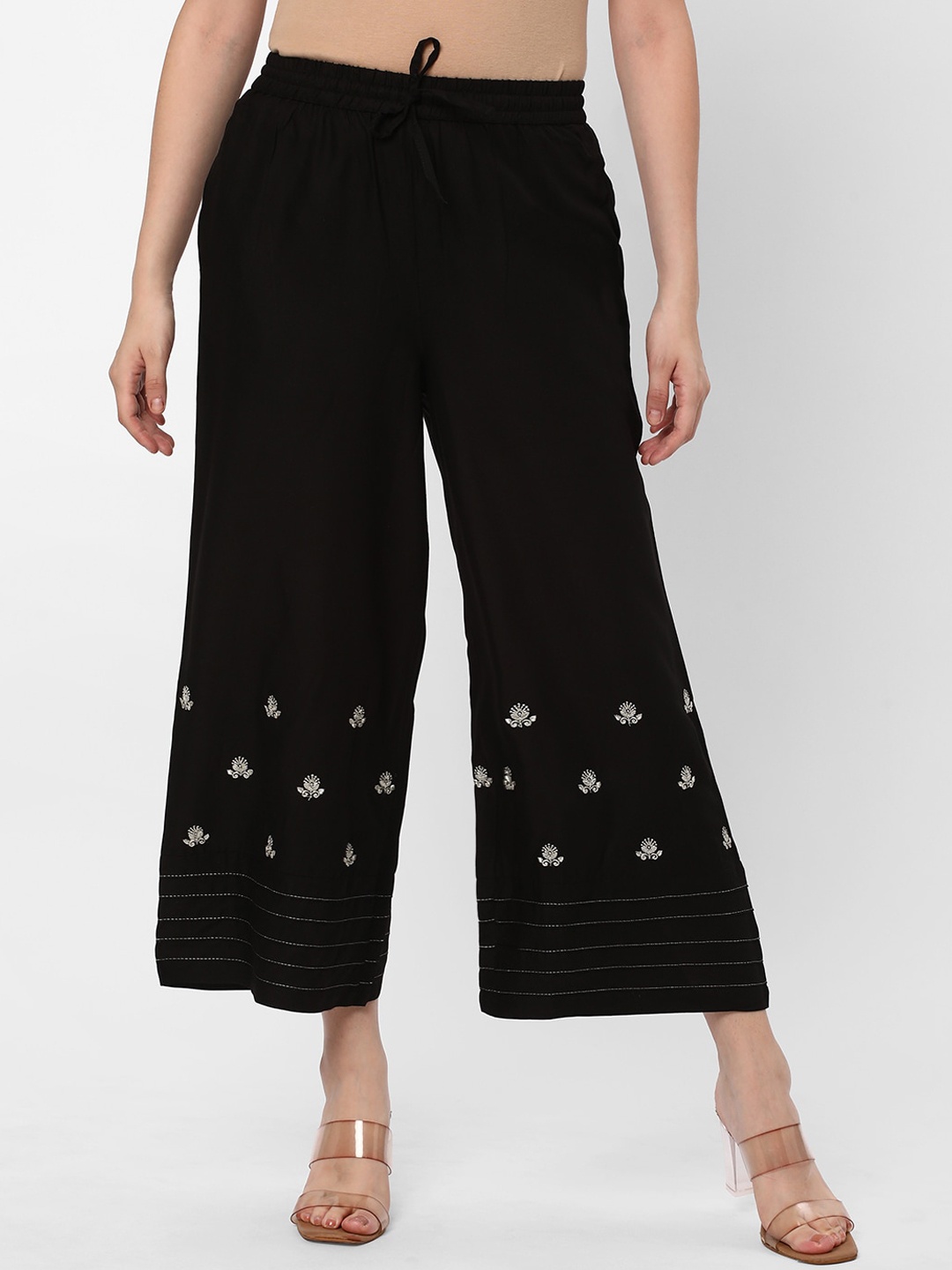 

R&B Women Floral Embroidered Culottes Trousers, Black