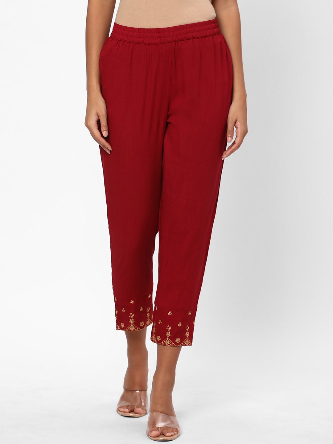 

R&B Women Embroidered Cigarette Trousers, Maroon